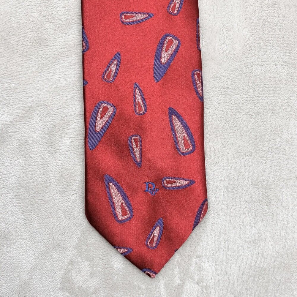 Christian Dior Monsieur 55” Tie Red Abstract Monogram Embroidered Polyester Silk